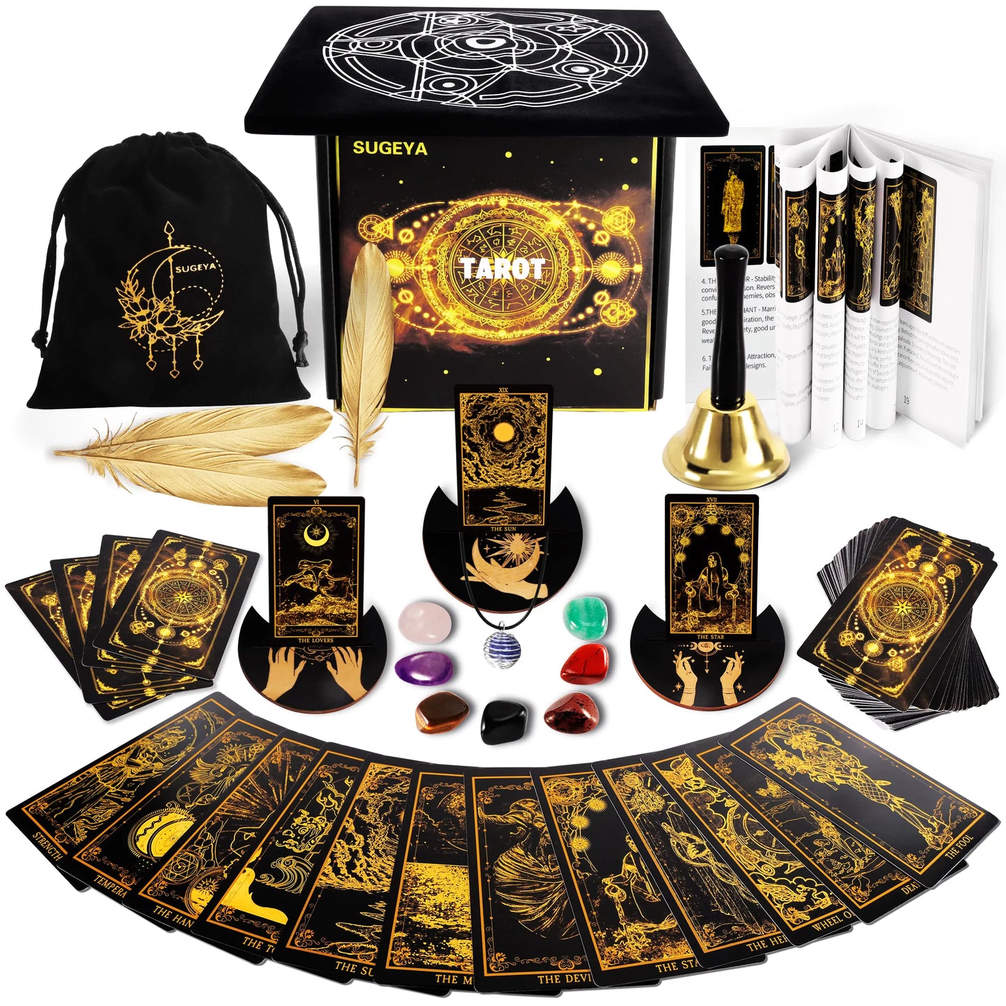78 Tarot Cards with Guide Book Black Tarot Deck Gift Set with Tarot Cloth Chakra Stones and More Tarot Cards Deck Fortune Telling Game Craft Cardboard for Beginners and Expert Readers