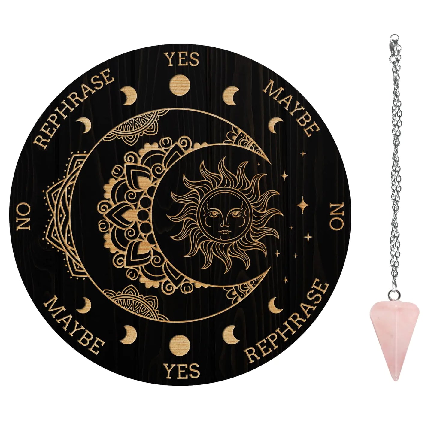 AHANDMAKER Pendulum Board Set Wooden Dowsing Divination Board Metaphysical Message Board with Crystal Pendulum Necklace for Witchcraft Wiccan Altar Supplies Kit Mandala& moon& sun