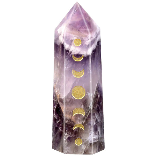 Amogeeli Wicca Moon Phase Amethyst Crystal Point Wand for Reiki Meditation 6 Faceted Prism Healing Stone Decoration for Home & Office