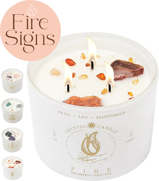 Aries Leo Sagittarius Gifts for Women - 12oz Crystals and Healing Stones Crystal Candle. Zodiac Candle Spiritual Birthday Gifts for Women. 3 Wick Aromatherapy Soy Candles for Home Scented