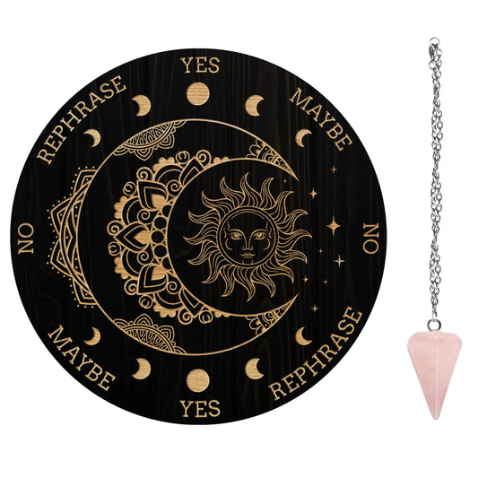 AHANDMAKER Pendulum Board Set Wooden Dowsing Divination Board Metaphysical Message Board with Crystal Pendulum Necklace for Witchcraft Wiccan Altar Supplies Kit Mandala& moon& sun